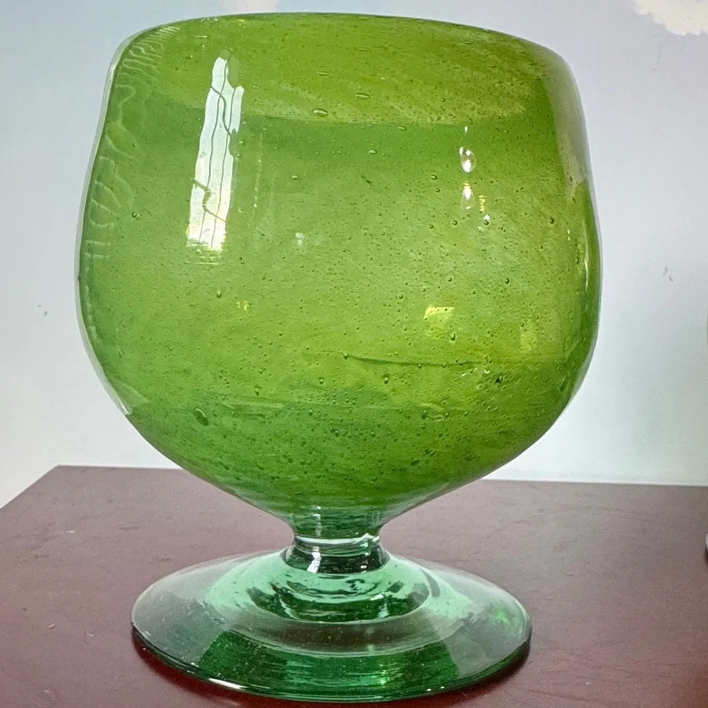 Vintage Set of hand Blown Glass Brandy Snifter Stemmed Green Glass